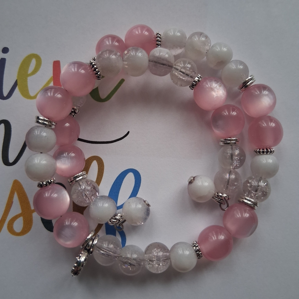 Pink & White Beaded Wrap Memory Wire Bracelet